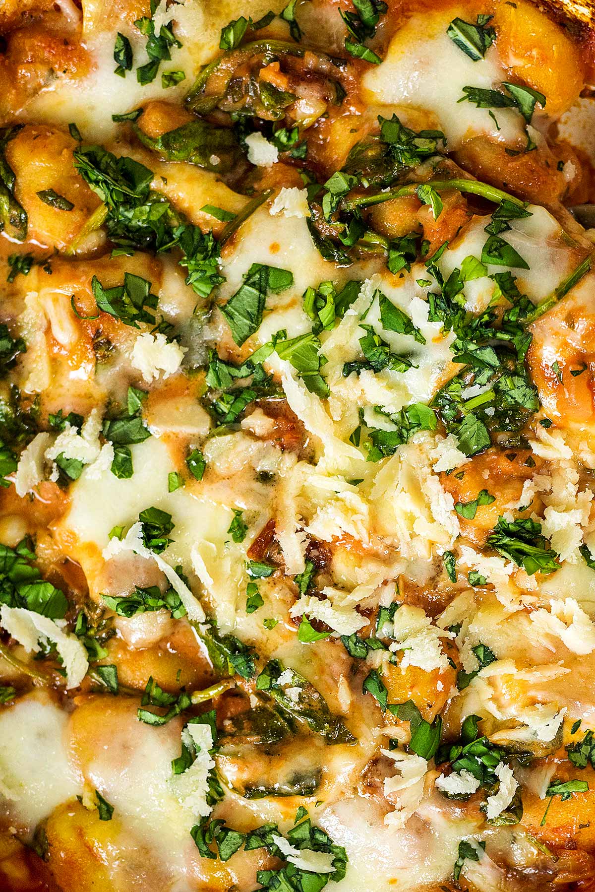 Cheesy gnocchi bake with chopped herbs sprinkled over the top of it.