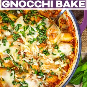 Spinach and tomato gnocchi bake with a text title overlay.