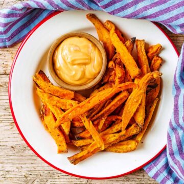 Baked Sweet Potato Fries on a white plate with a small bowl of dip.