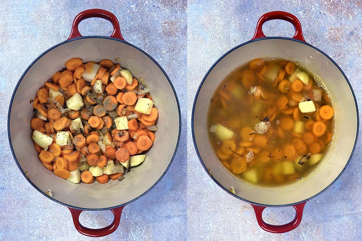 Two shot collage. First picture carrots, onion, potato and cumin in a pan, second picture has stock added.