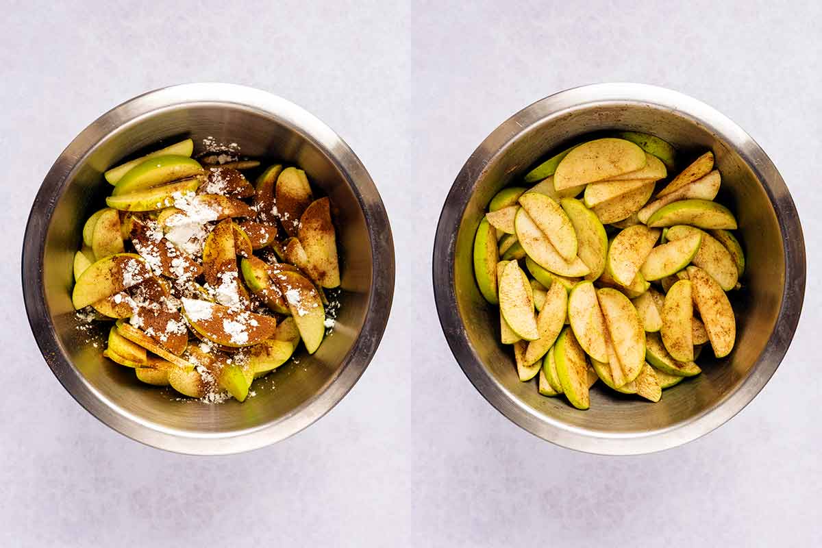 Two shot collage of sliced apples in a bowl with cinnamon, cornflour and maple syrup, before and after mixing.
