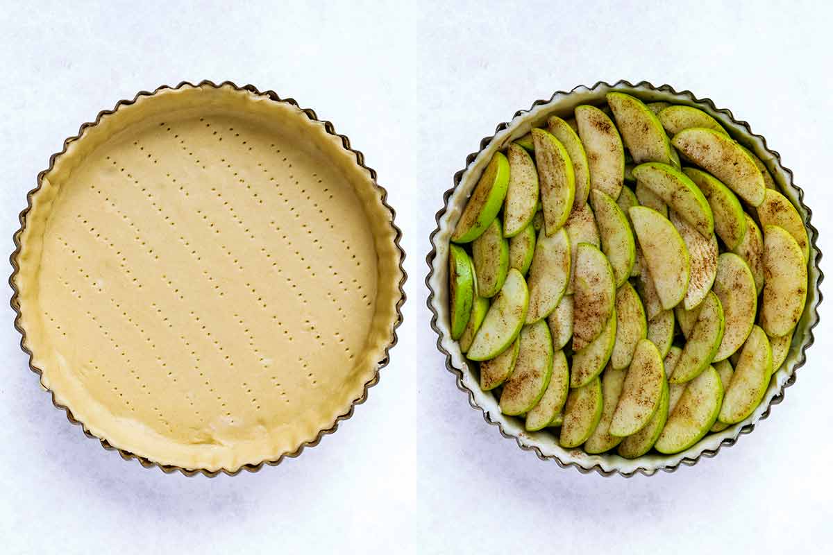 Two shot collage of pastry in a pie tin and then filled with the apple slices.
