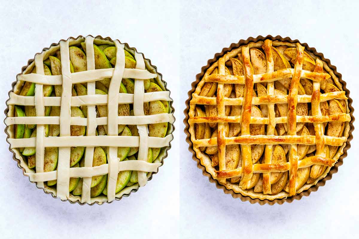 Two shot collage of strips of pastry on top of the pie, before and after cooking.