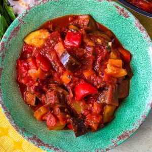 Vegetable ratatouille in a green bowl