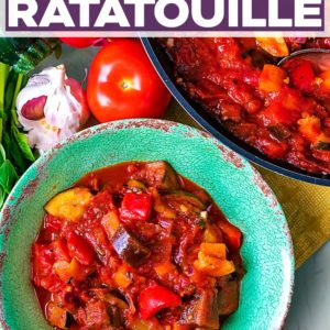 A bowl of ratatouille with a text title overlay.
