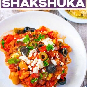 A plate od shakshuka with a text title overlay.