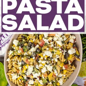 Mexican Pasta Salad in a bowl with a text title overlay.
