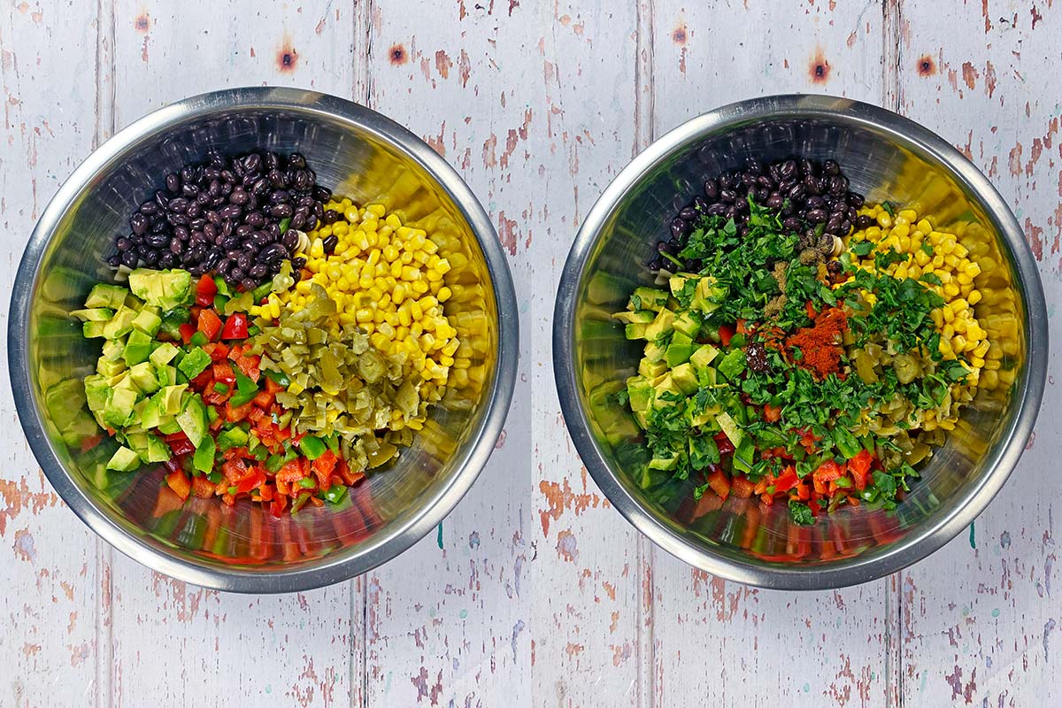 Two shot collage of a mixing bowl containing salad ingredients before and after mixing.