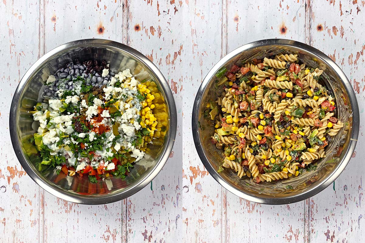 Two shot collage of a bowl full of pasta salad before and after mixing.