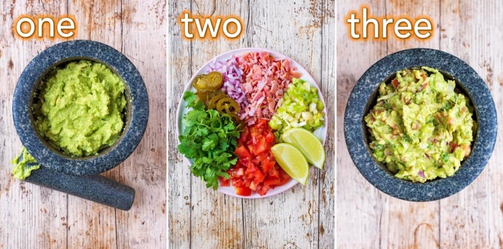 Three step collage of how to make guacamole.