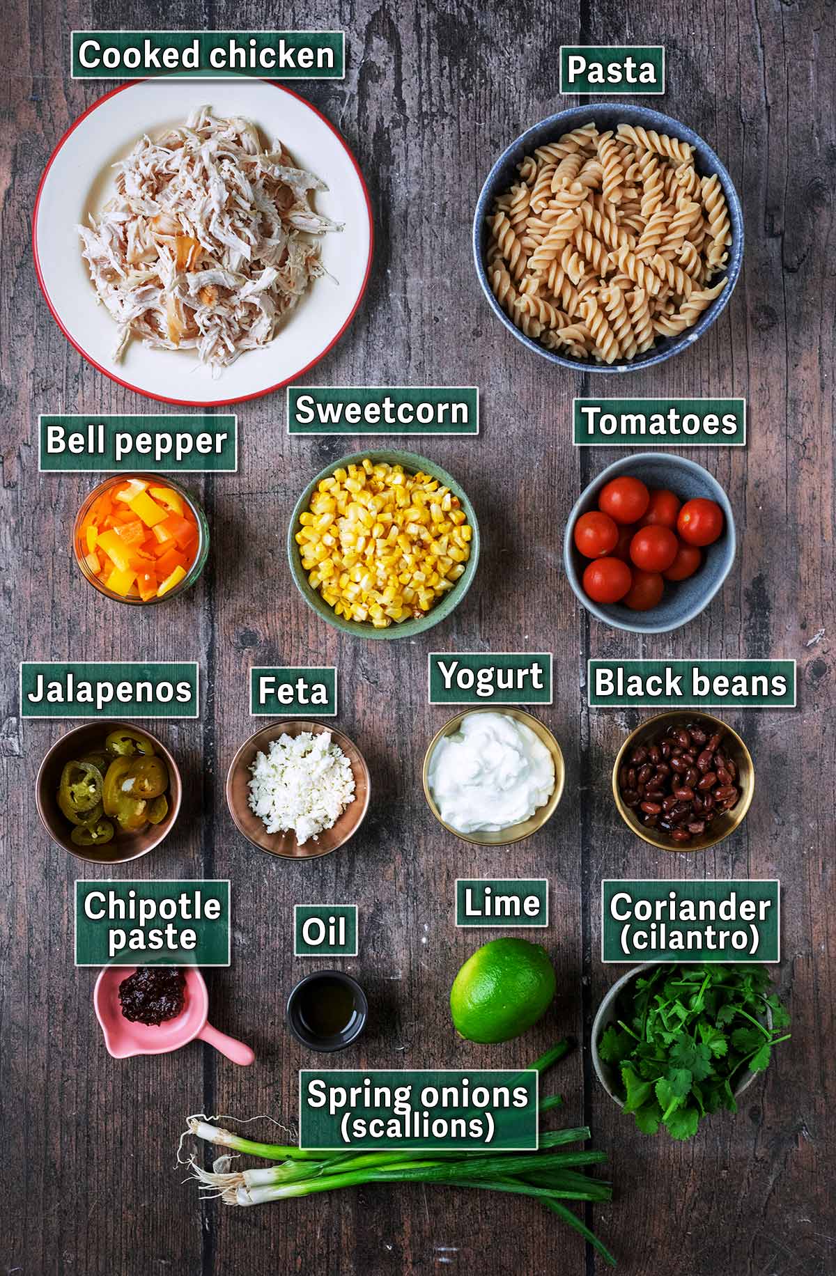 All the ingredients needed for this recipe laid out on a wooden surface with text overlay labels.