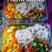 Meal prep Mexican pasta salad with a text overlay title.