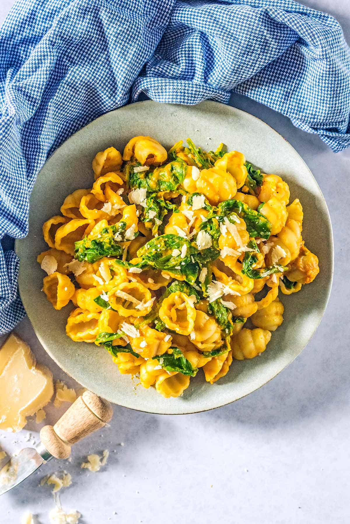 A bowl of conchiglie pasta in a sauce with spinach.
