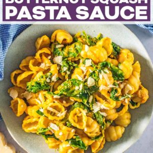 Butternut squash pasta sauce with a text title overlay.