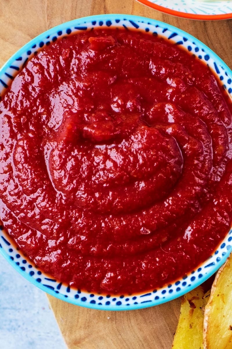 Healthy Tomato Ketchup in a small blue dish.