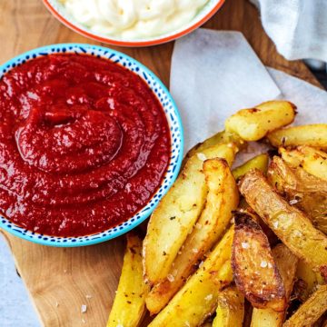 Healthy Tomato Ketchup in a small dish next to some seasoned fries