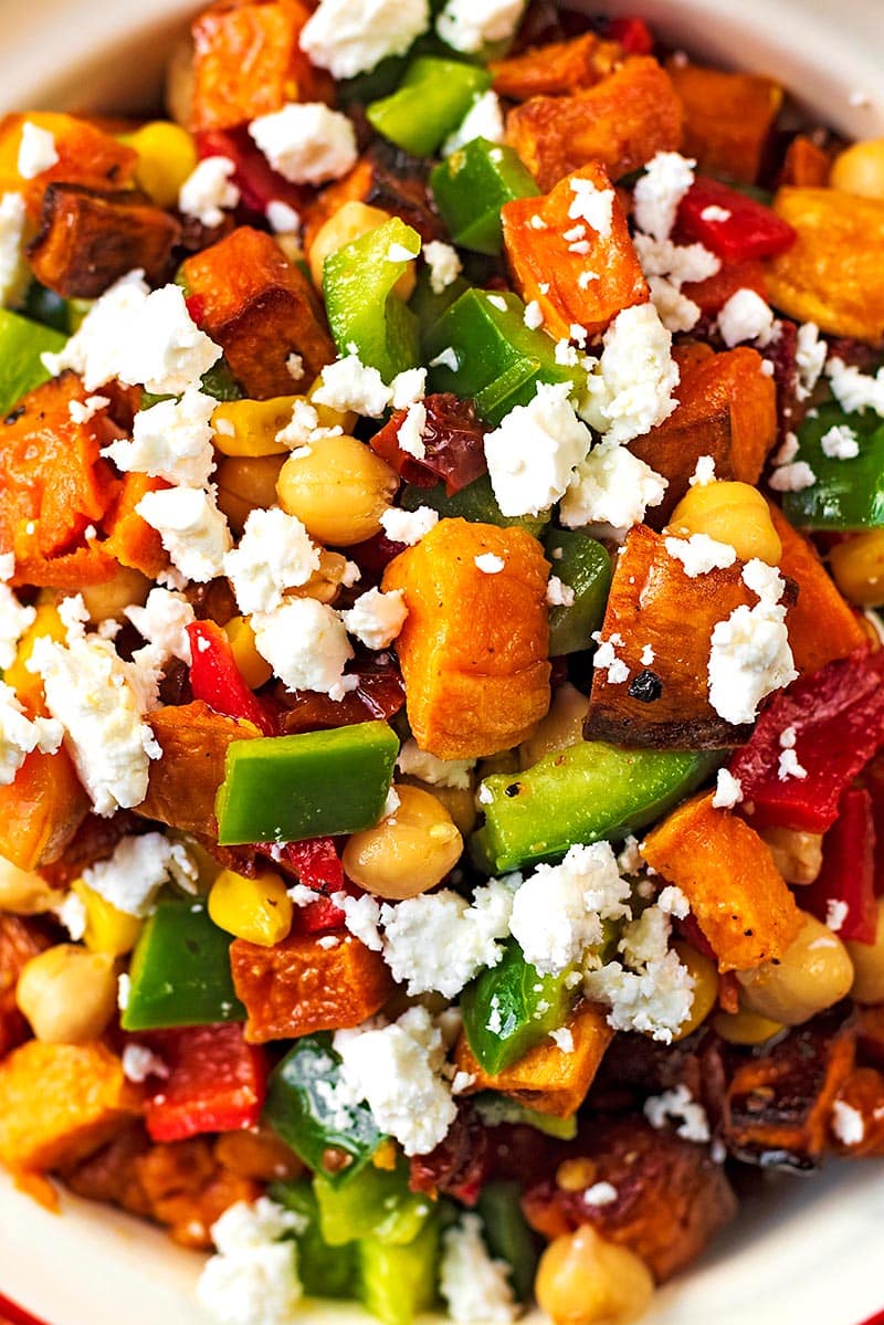 Cubes of sweet potato, chopped vegetables and crumbled feta.