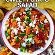 Sweet potato salad with a text overlay title.