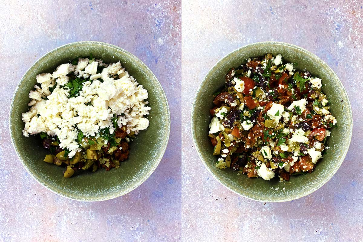 Two photo collage of topping ingredients, before and after mixing.