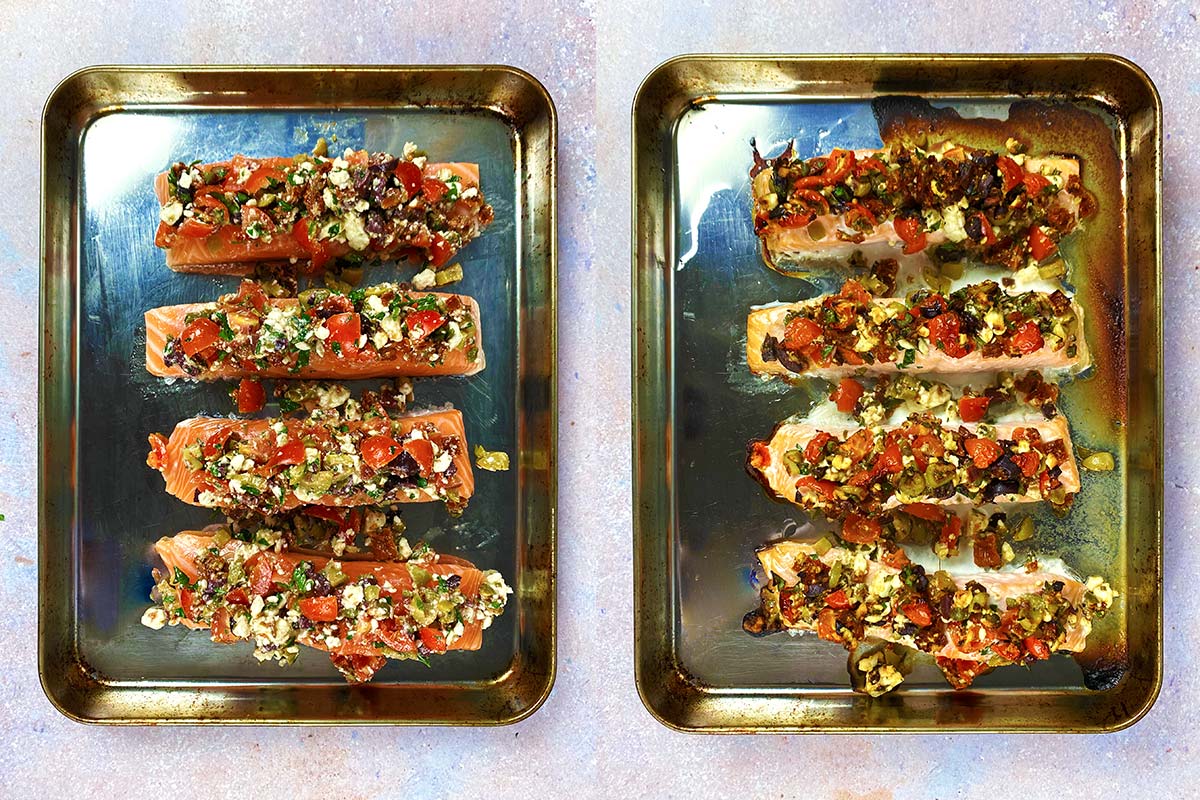 Two photo collage of topped salmon fillets on a baking tray, before and after cooking.