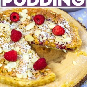 A Bakewell Pudding with a slice cut out and a text title overlay.