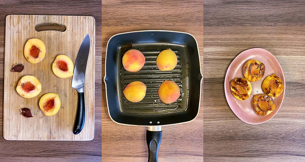 Three shot collage of peaches on a chopping board, then in a pan, then on a plate.
