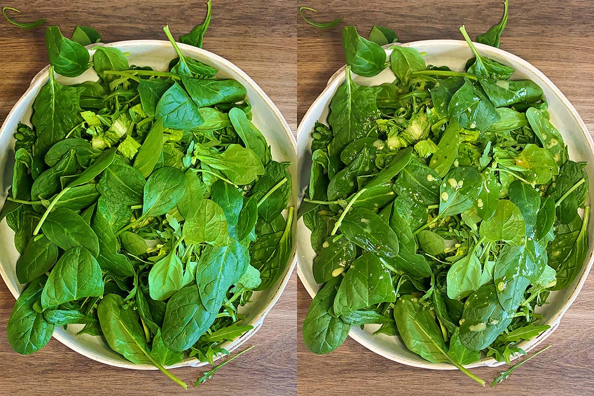 Two shot collage of salad leaves in a bowl, before and after being dressed.