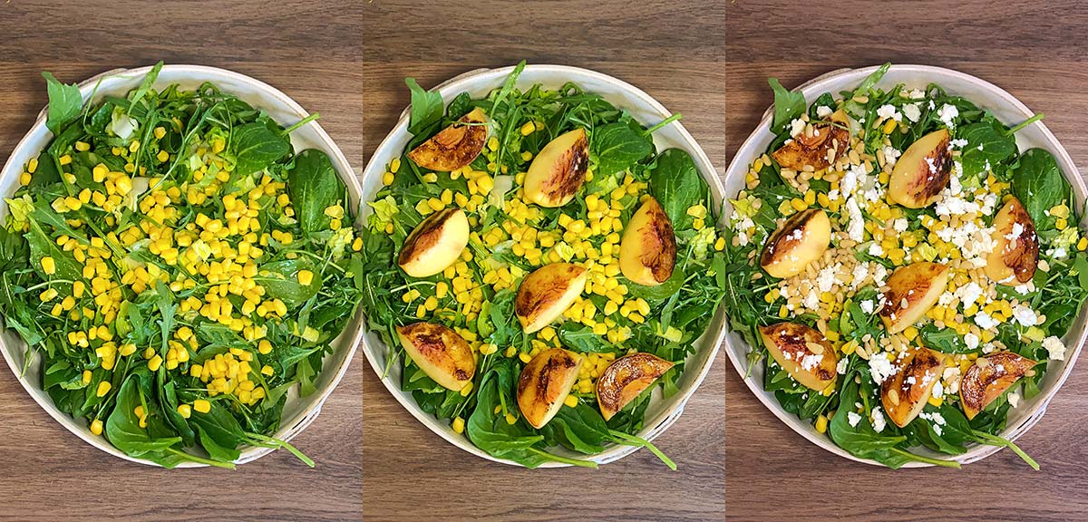 Three shot collage of toppings being added to this salad.