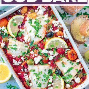 Mediterranean Cod Bake in a dish with a text title overlay.