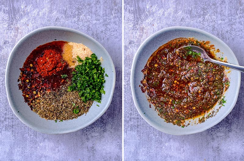 Collage of a marinade being mixed in a small bowl.