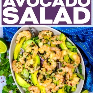 Prawn avocado salad with a text title overlay.