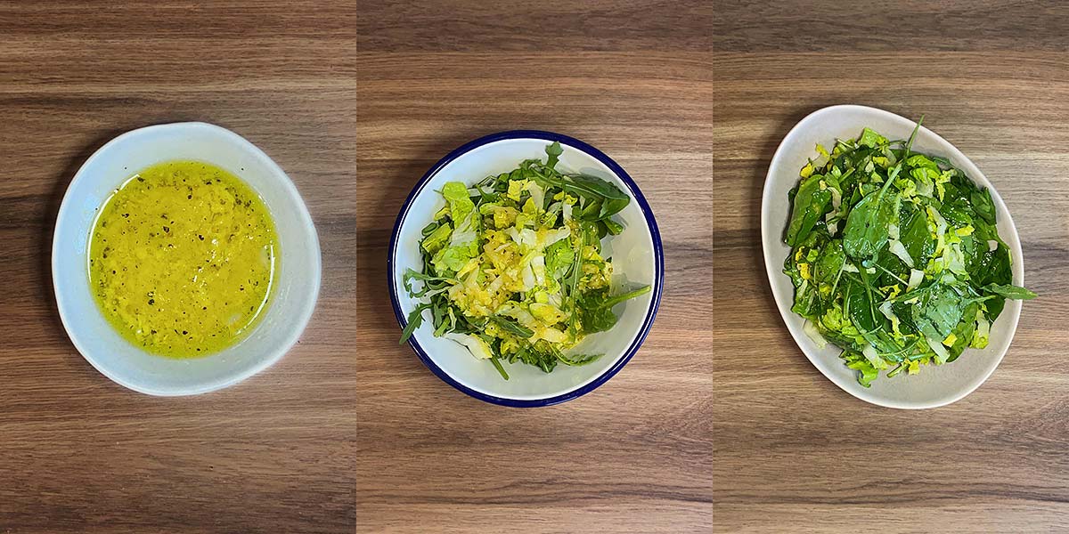Three shot collage of salad dressing then salad leaves in a bowl, then dressed salad in a bowl.