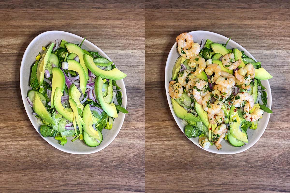 Two shot collage of salad in a bowl. The first with lettuce, cucumber and avocado slices, the second with cooked prawns added.