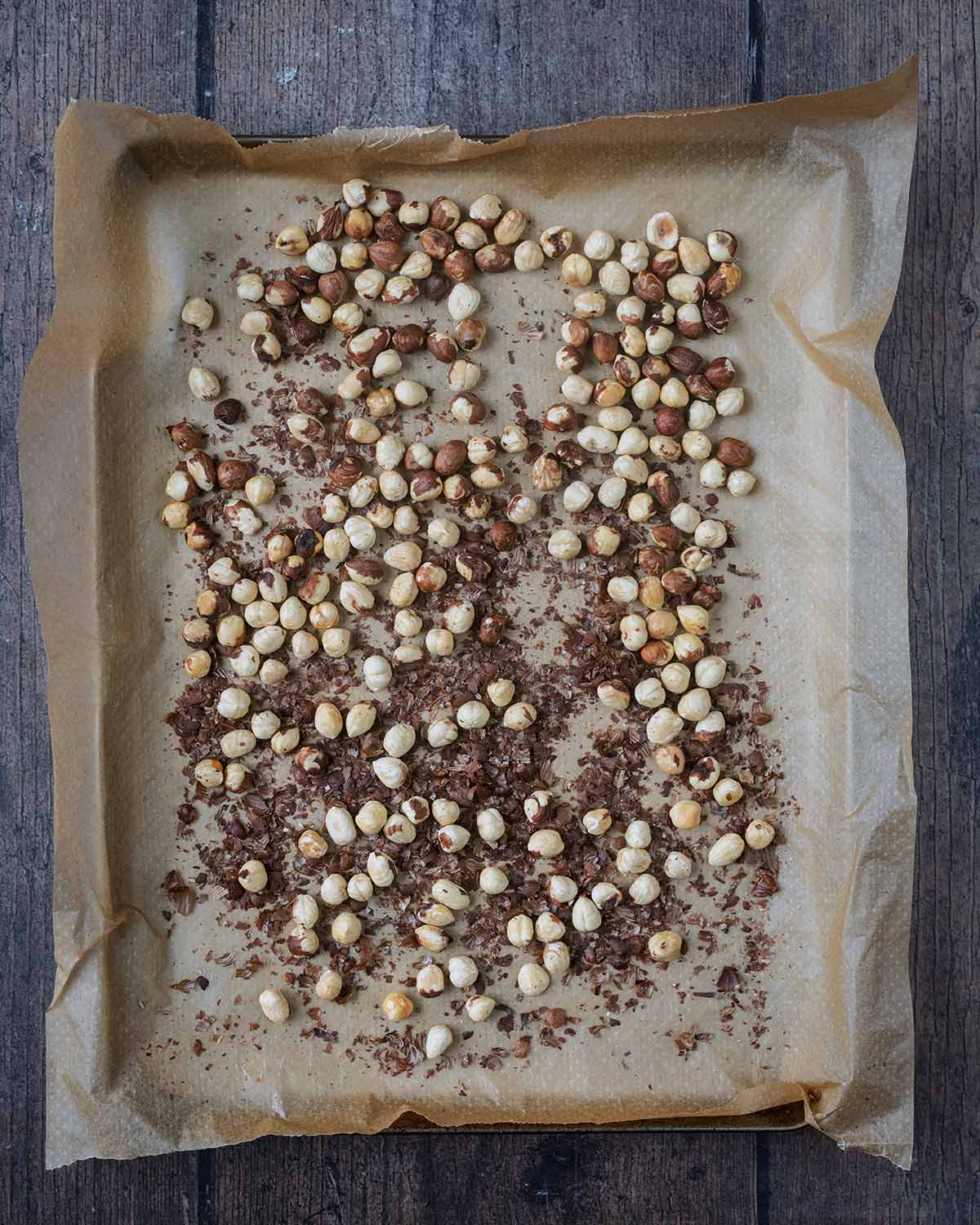 Roasted hazelnuts with their skins removed.