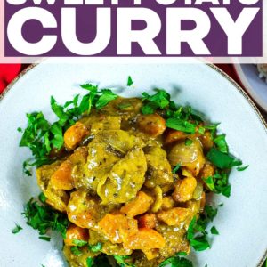 Chicken and sweet potato curry in a bowl with a text title overlay.