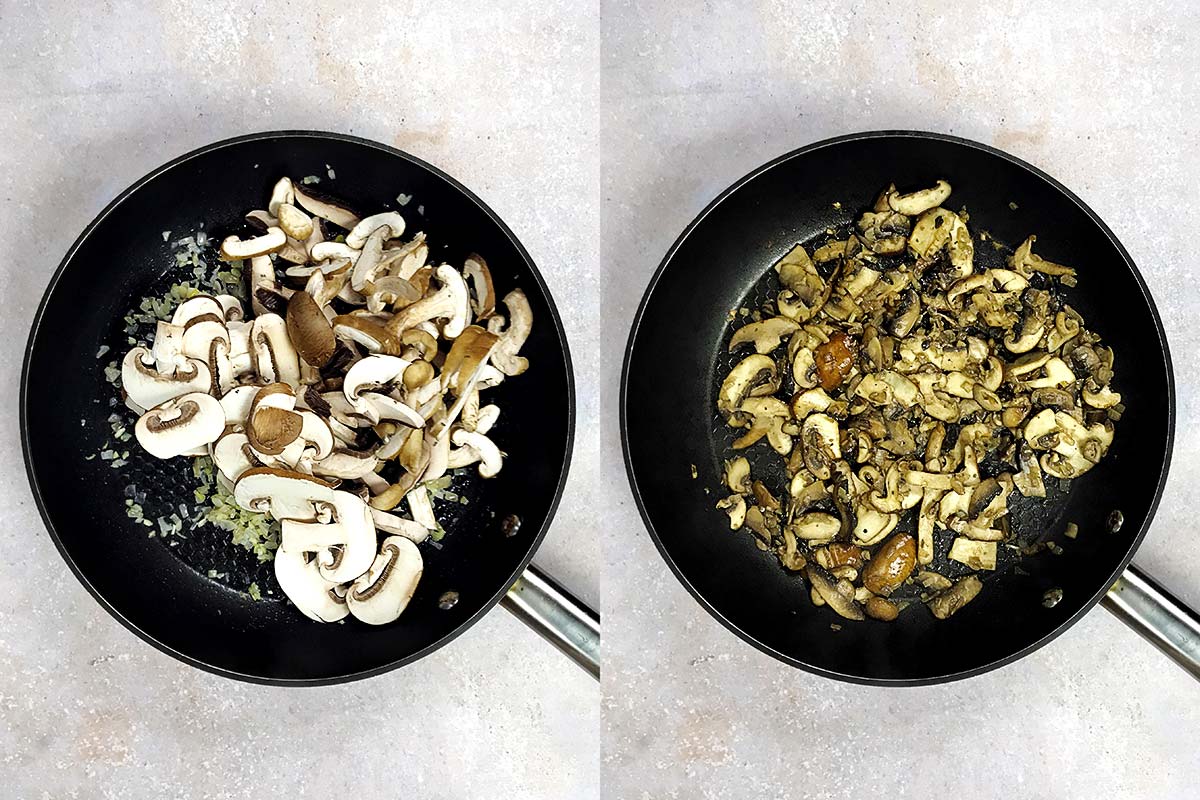 Two shot collage of mushrooms and shallots in a pan, one uncooked, one cooked.