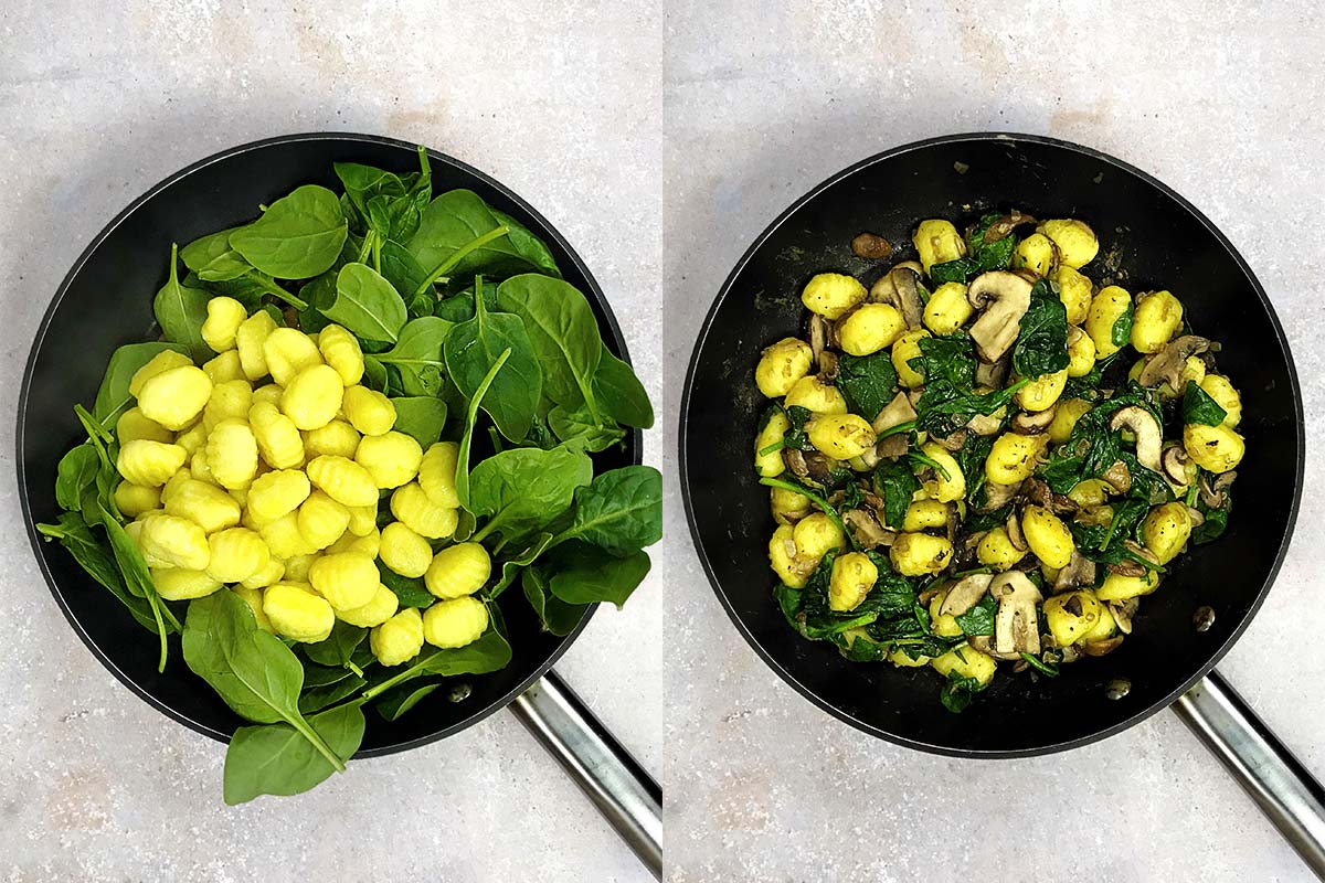 Two shot collage of spinach and gnocchi added to the pan, before and after being cooked.