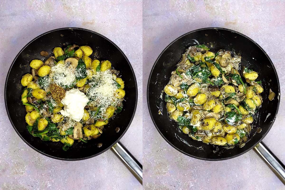 Two shot collage of creme fraiche, parmesan and mustard added to the pan, before and after cooking.