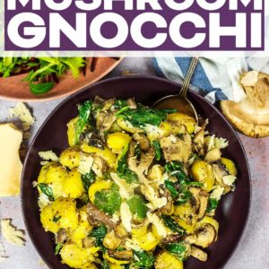Spinach and mushroom gnocchi in a round bowl with a title text overlay.