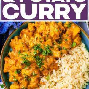 Cauliflower and potato curry with a text title overlay.