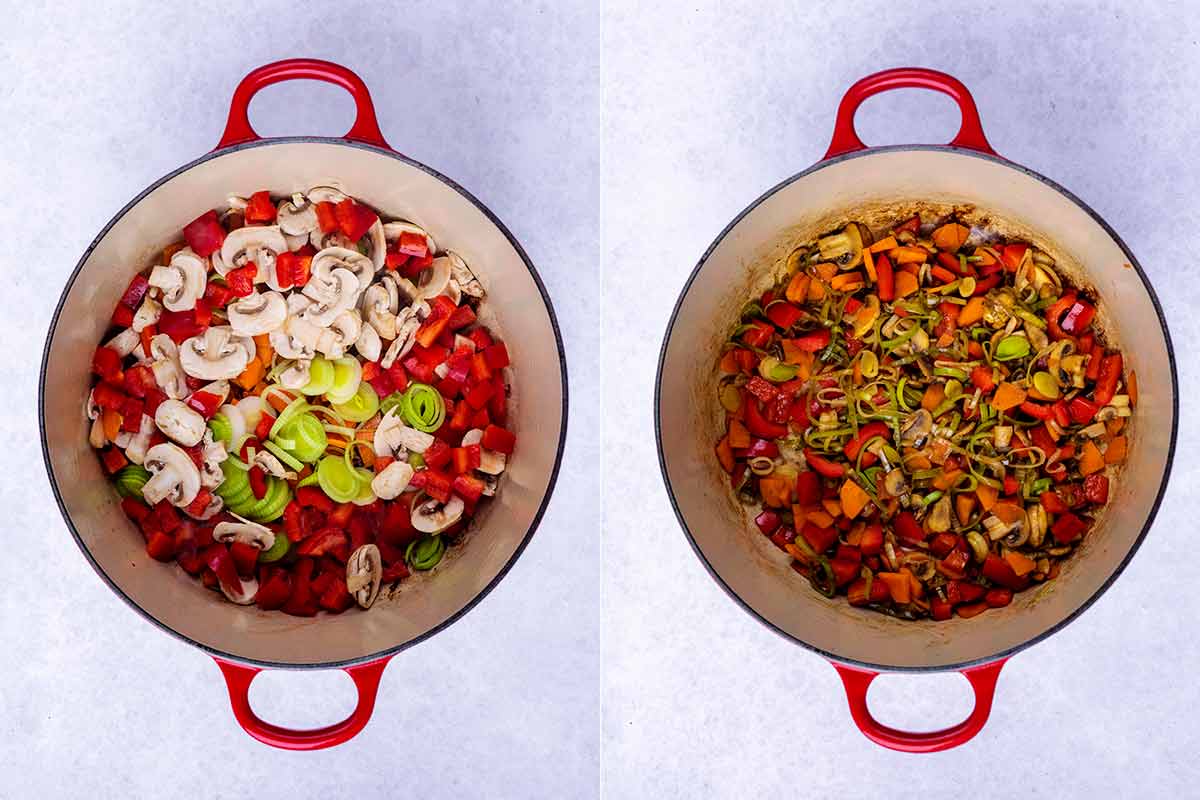 Two shot collage of vegetables in a pan, before and after cooking.