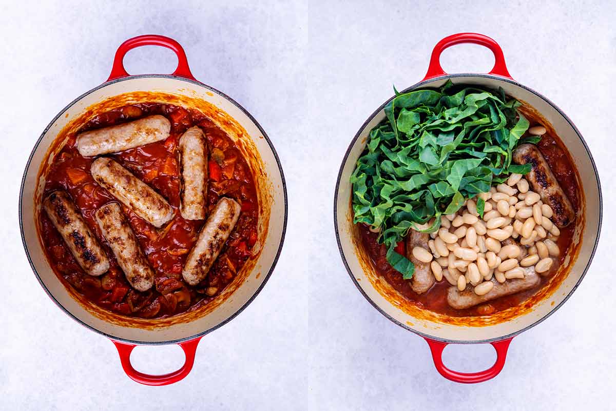 Two shot collage of sausages added to the pan, then beans and spring greens added.