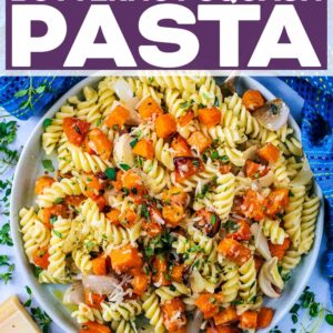 Roasted butternut squash pasta with a text title overlay.
