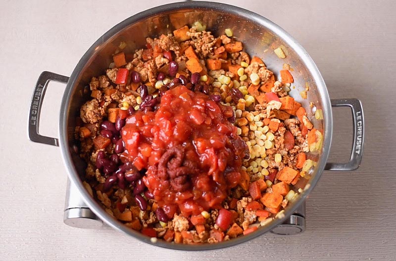 A large pan containing all the ingredients for a turkey chili.