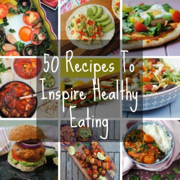 Nine photo collage of different meals with a text overlay saying "50 recipes to inspire healthy eating"