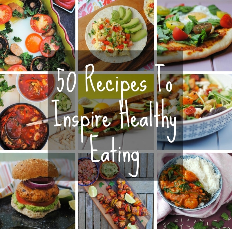 Nine photo collage of different meals with a text overlay saying "50 recipes to inspire healthy eating".