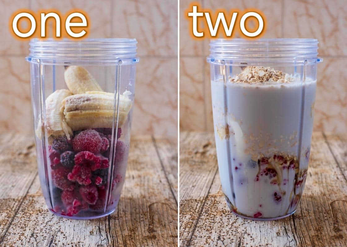 Process steps to making Triple Berry Oat Smoothie 