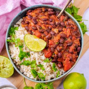 Chipotle Black Bean Stew in a bowl with some rice.