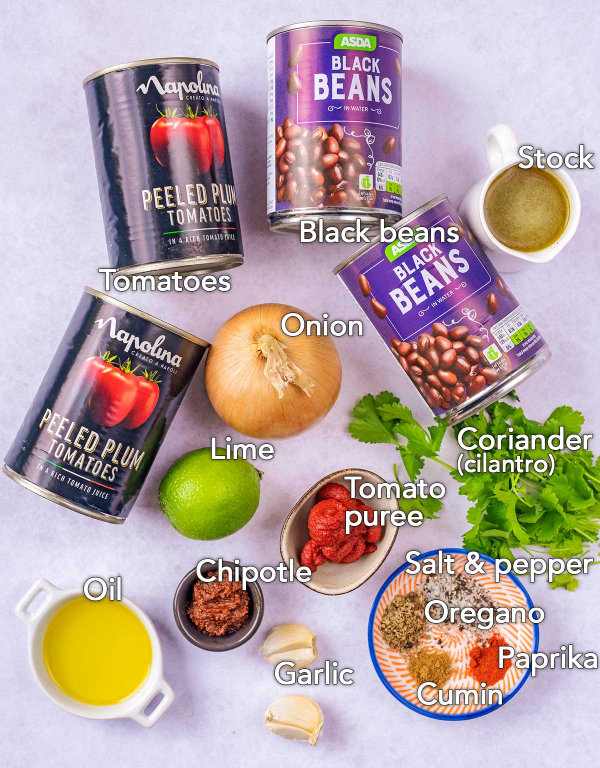 All the ingredients needed for this recipe with text overlay labels.