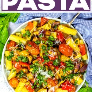 A bowl of roasted ratatouille pasta with a text title overlay.